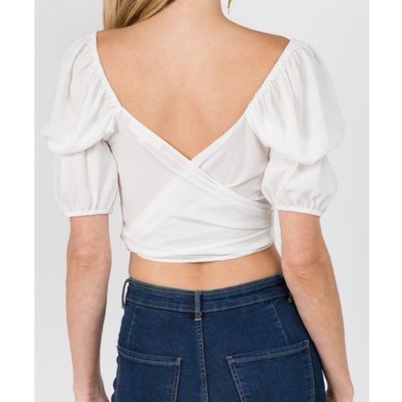 Snow Bird Tie Front Top Puff Sleeve White - Picture 4 of 4